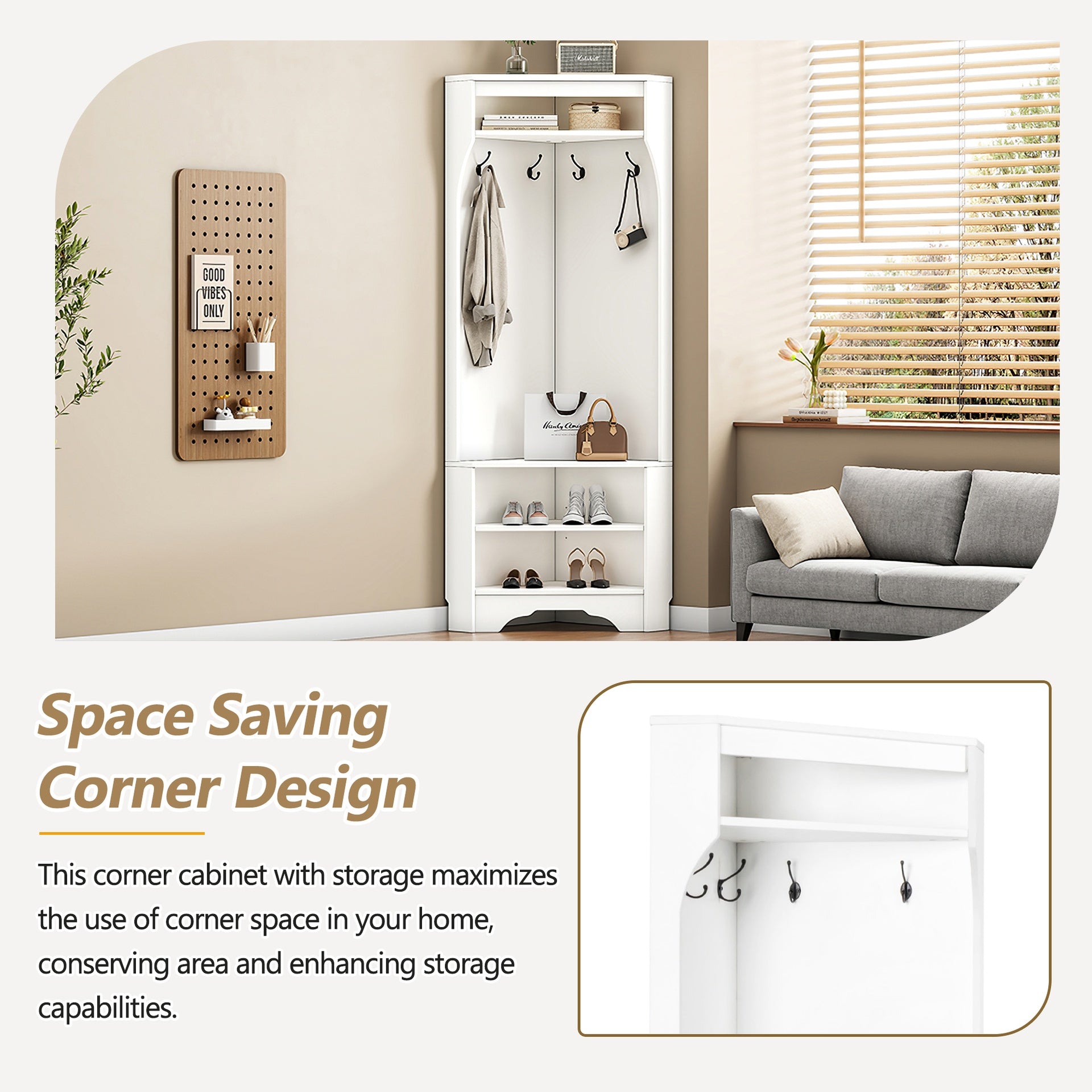 Minimalist Corner Hall Tree with Shoe Bench, Versatile Entryway Coat Rack with 4 Hooks, Corner Cabinet with Adjustable Shelf for Hallway, Living Room, White, 29.5''W*71.6''H (OLD SKU: N721P189665K)