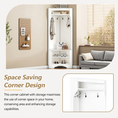 Minimalist Corner Hall Tree with Shoe Bench, Versatile Entryway Coat Rack with 4 Hooks, Corner Cabinet with Adjustable Shelf for Hallway, Living Room, White, 29.5''W*71.6''H (OLD SKU: N721P189665K)