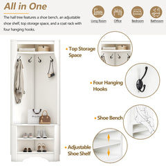 Minimalist Corner Hall Tree with Shoe Bench, Versatile Entryway Coat Rack with 4 Hooks, Corner Cabinet with Adjustable Shelf for Hallway, Living Room, White, 29.5''W*71.6''H (OLD SKU: N721P189665K)