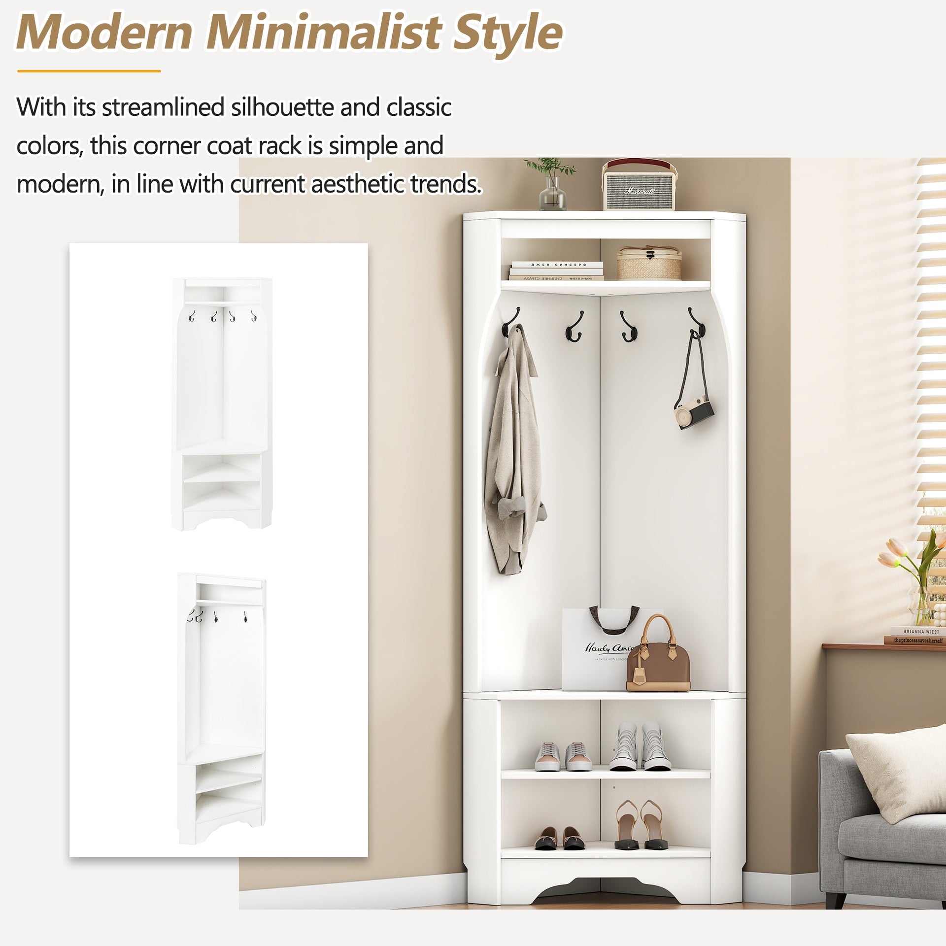 Minimalist Corner Hall Tree with Shoe Bench, Versatile Entryway Coat Rack with 4 Hooks, Corner Cabinet with Adjustable Shelf for Hallway, Living Room, White, 29.5''W*71.6''H (OLD SKU: N721P189665K)