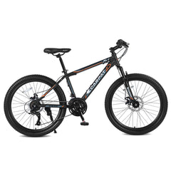 24 Inch Mountain Bike Boys Girls, Steel Frame, Shimano 21 Speed Mountain Bicycle with Daul Disc Brakes and Front Suspension MTB