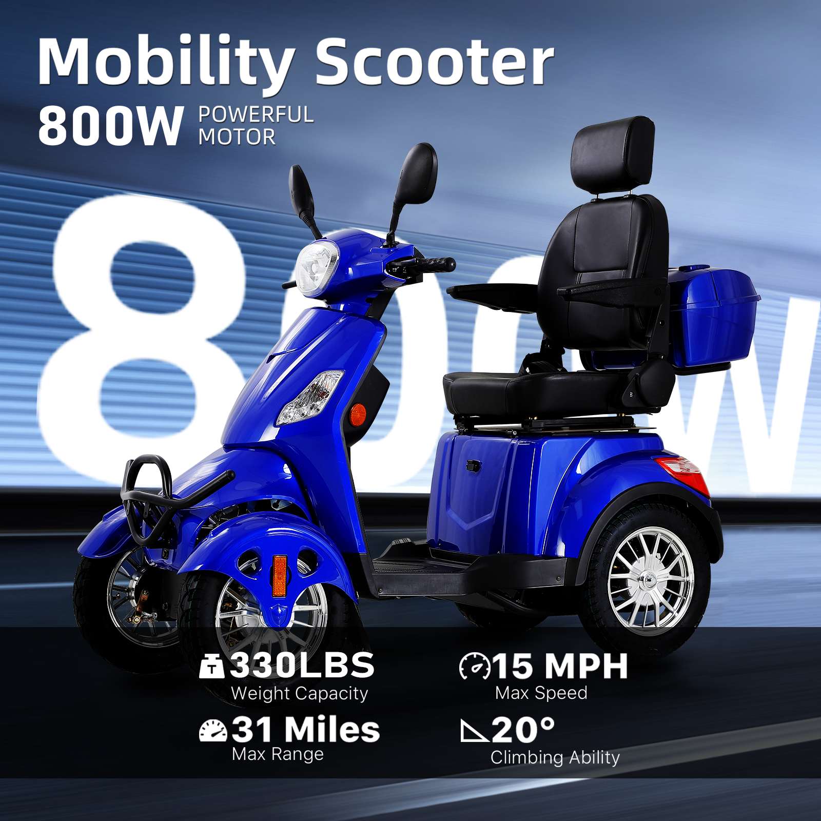 Mobility Scooters for Seniors  500lbs Capacity  800W All Terrain Electric Powered Mobility Cart   Heavy Duty Mobility Scooter