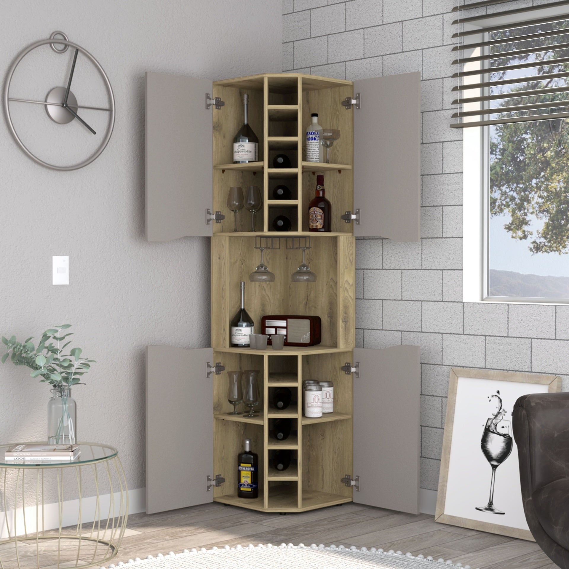 Corner Bar Cabinet, Ten Built-in Wine Rack, Macadamia / Taupe