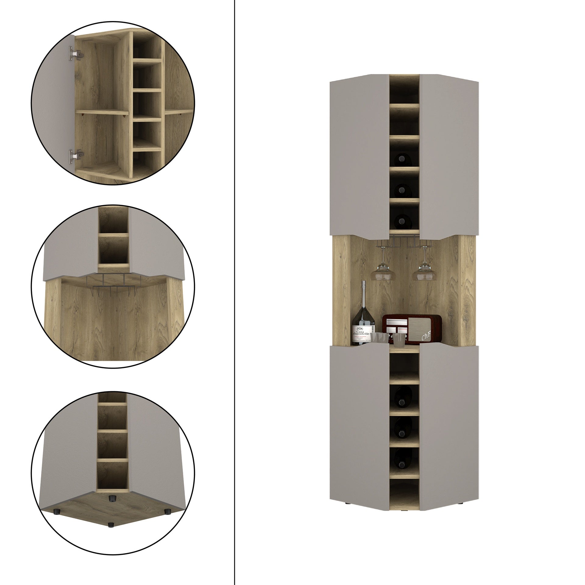 Corner Bar Cabinet, Ten Built-in Wine Rack, Macadamia / Taupe
