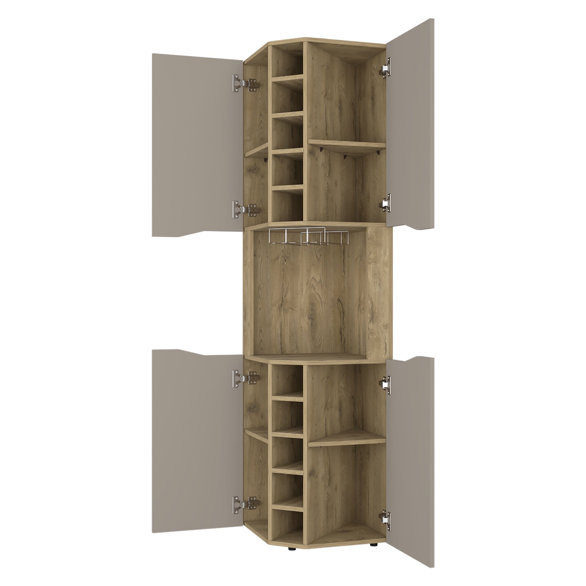 Lyla Corner Bar Cabinet, Ten Built-in Wine Rack, Four Door Cabinet, Four Interior Shelves