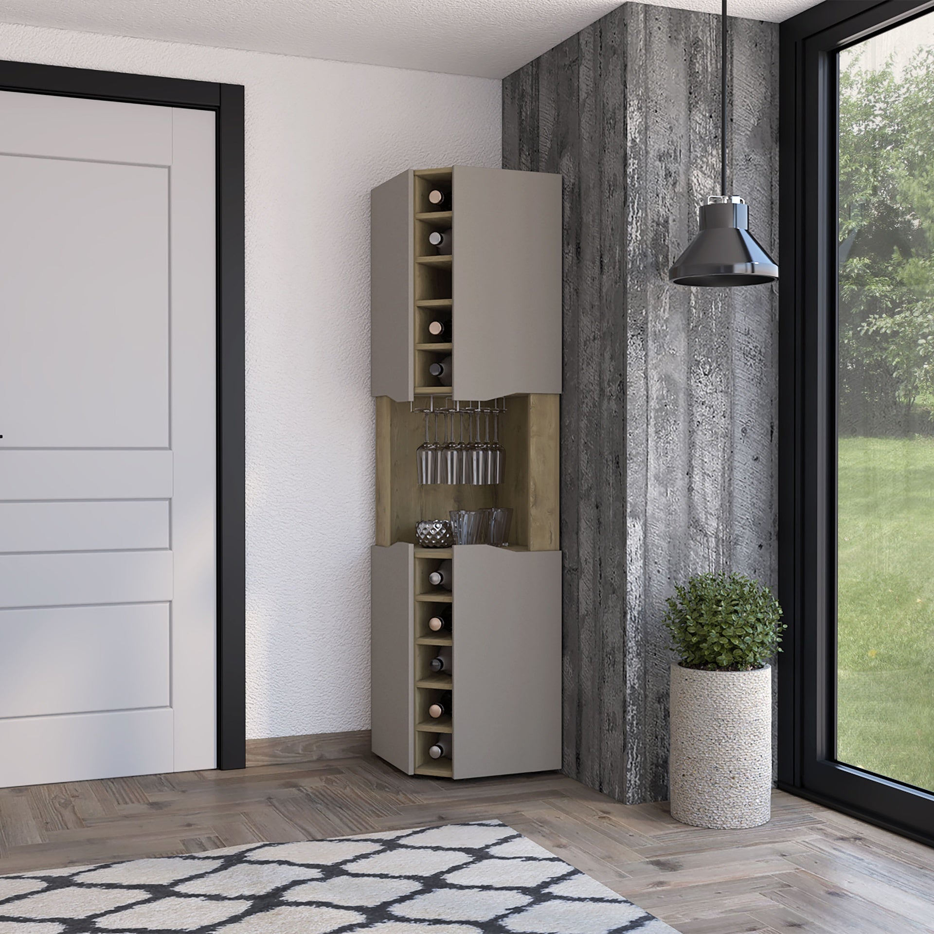Lyla Corner Bar Cabinet, Ten Built-in Wine Rack, Four Door Cabinet, Four Interior Shelves