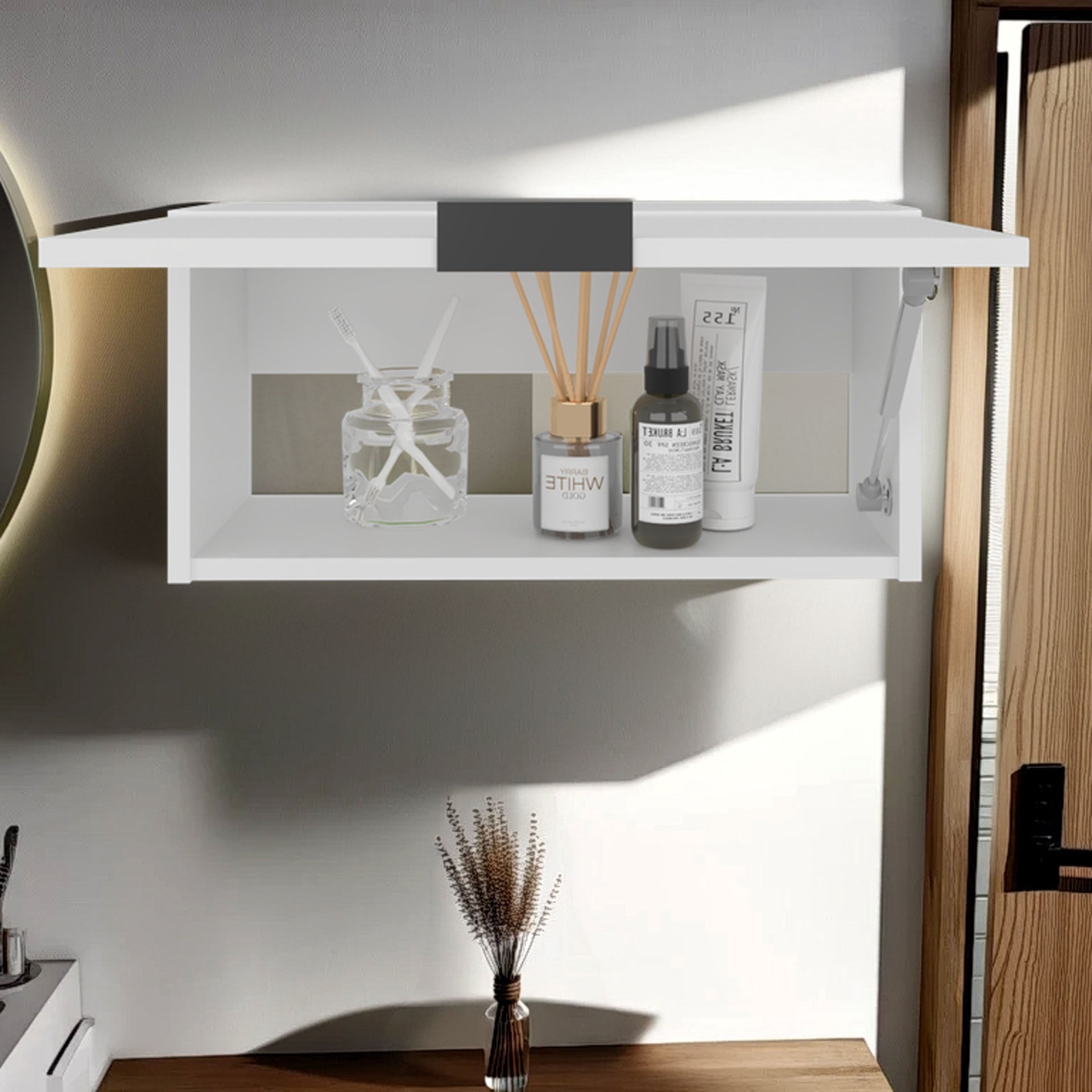 Coolidge Pull-Up Wall Cabinet, Compact Design, Single Shelf, Modern Style, White