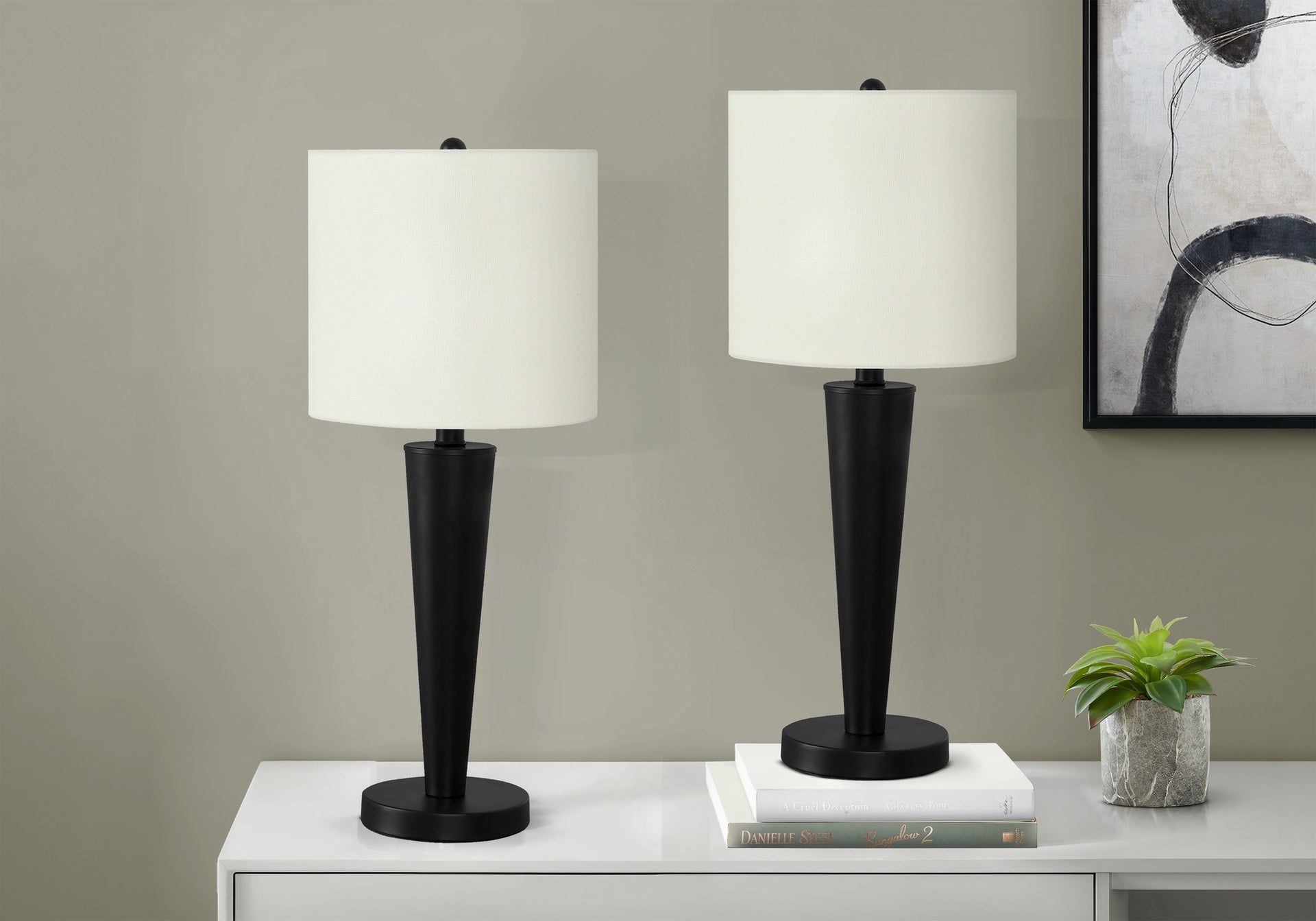 Lighting, Set Of 2, 24"h, Table Lamp, Usb Port Included, Black Metal, Ivory / Cream Shade, Contemporary