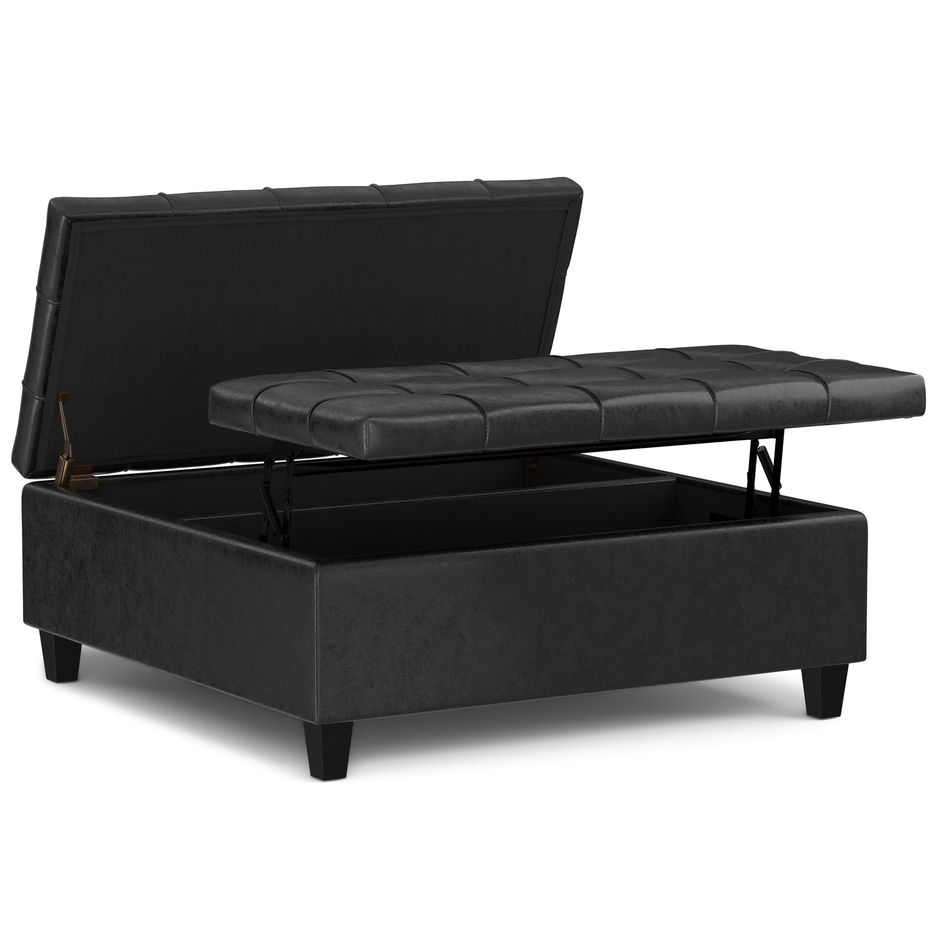 Harrison 40 inch Wide Large Square Coffee Table Storage Ottoman in Distressed Black Vegan Leather