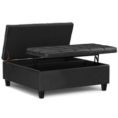 Harrison 40 inch Wide Large Square Coffee Table Storage Ottoman in Distressed Black Vegan Leather