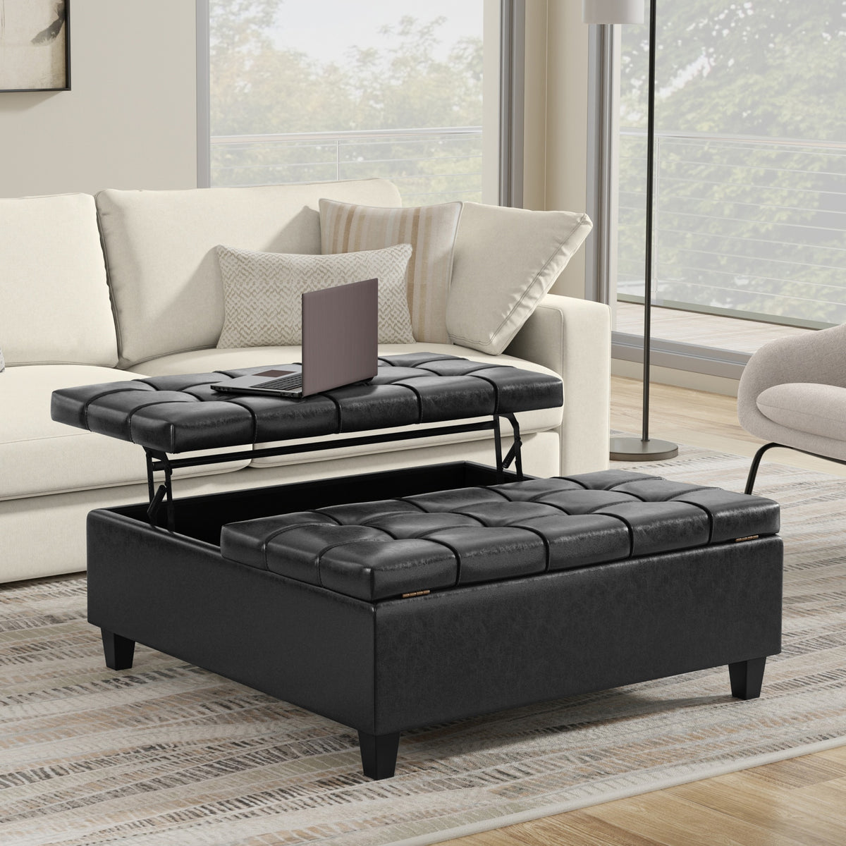 Harrison 40 inch Wide Large Square Coffee Table Storage Ottoman in Distressed Black Vegan Leather