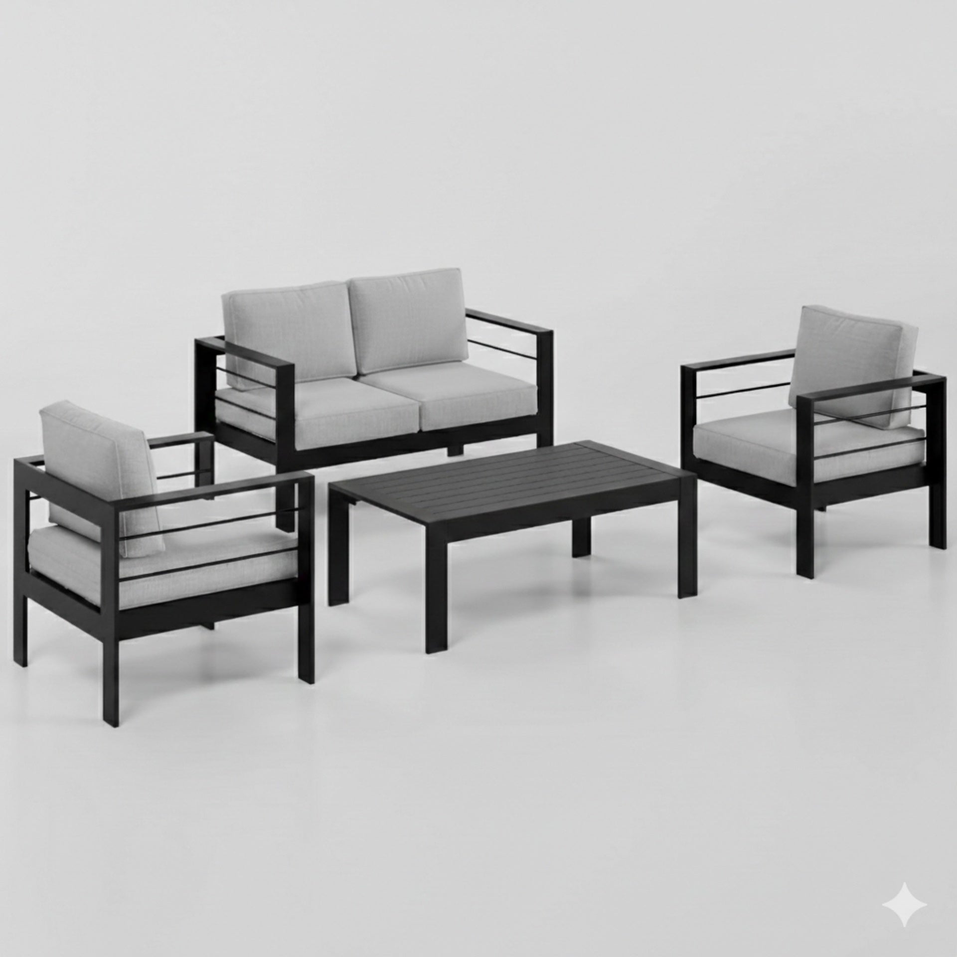 4-Piece Modern Aluminum Patio Conversation Set,  4-Seat Outdoor Sofa with  Thick Light Gray Cushions & Black Frame and Coffee Table