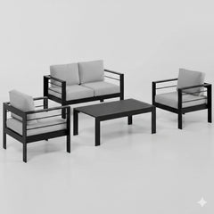 4-Piece Modern Aluminum Patio Conversation Set,  4-Seat Outdoor Sofa with  Thick Light Gray Cushions & Black Frame and Coffee Table