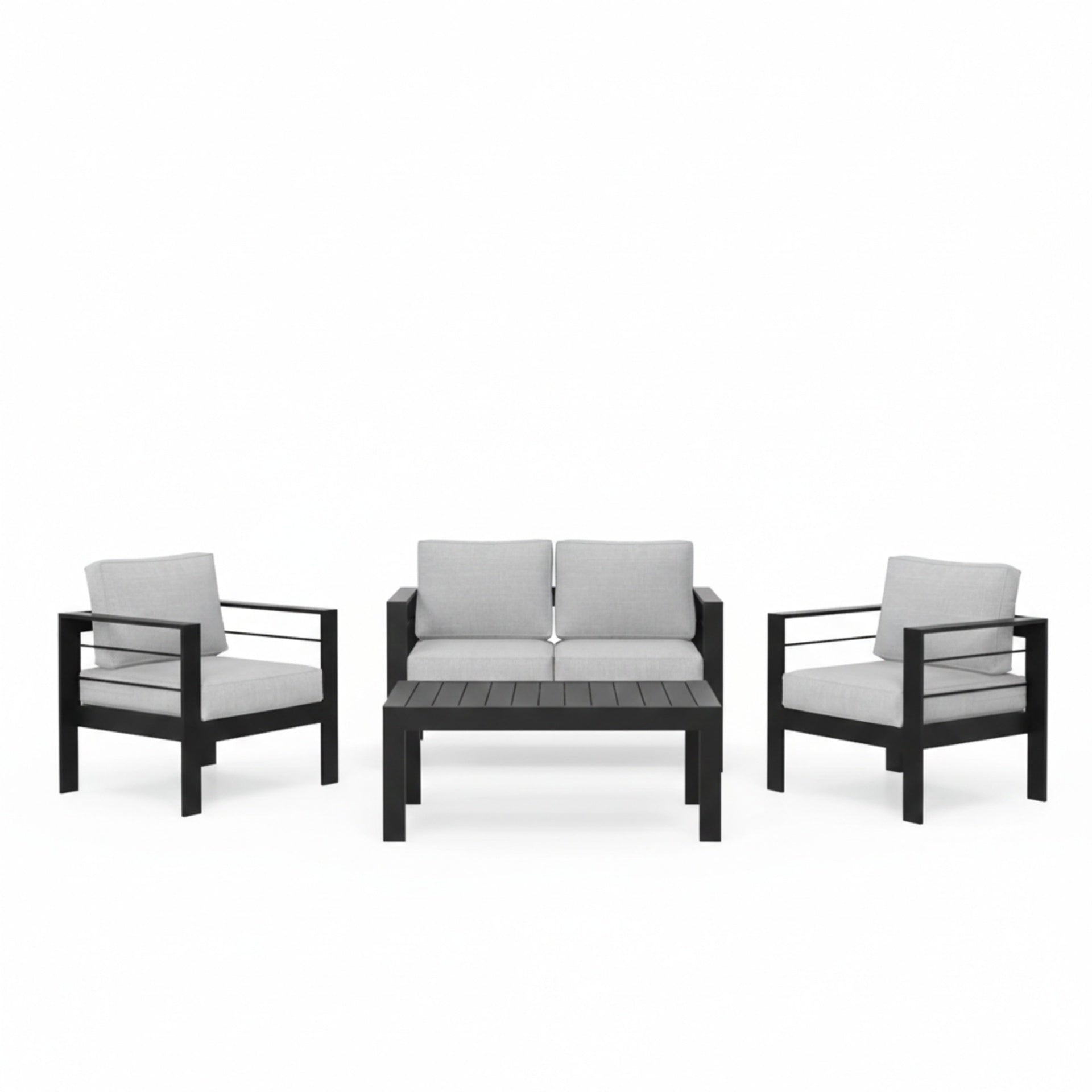 4-Piece Modern Aluminum Patio Conversation Set,  4-Seat Outdoor Sofa with  Thick Light Gray Cushions & Black Frame and Coffee Table