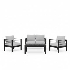 4-Piece Modern Aluminum Patio Conversation Set,  4-Seat Outdoor Sofa with  Thick Light Gray Cushions & Black Frame and Coffee Table