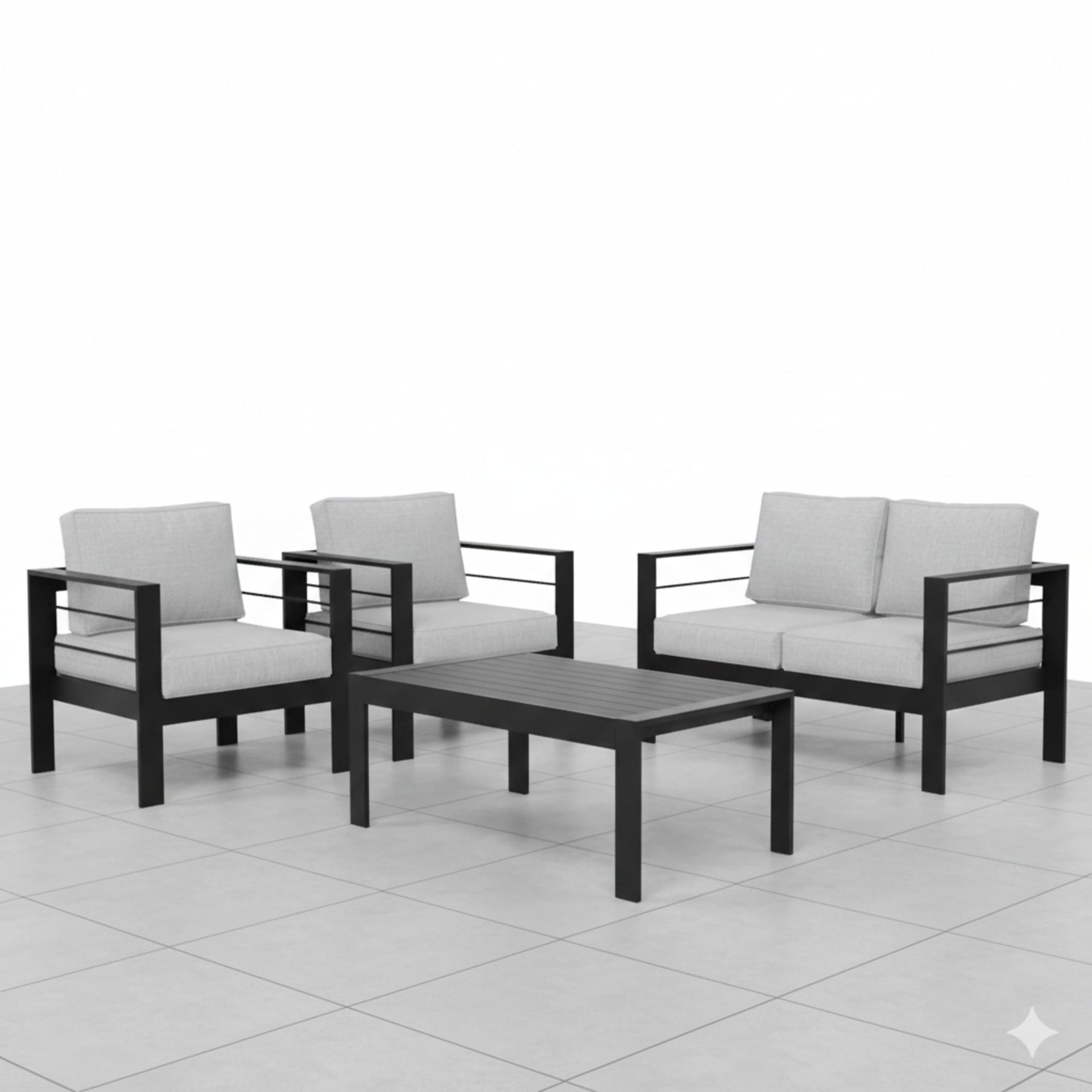 4-Piece Modern Aluminum Patio Conversation Set,  4-Seat Outdoor Sofa with  Thick Light Gray Cushions & Black Frame and Coffee Table