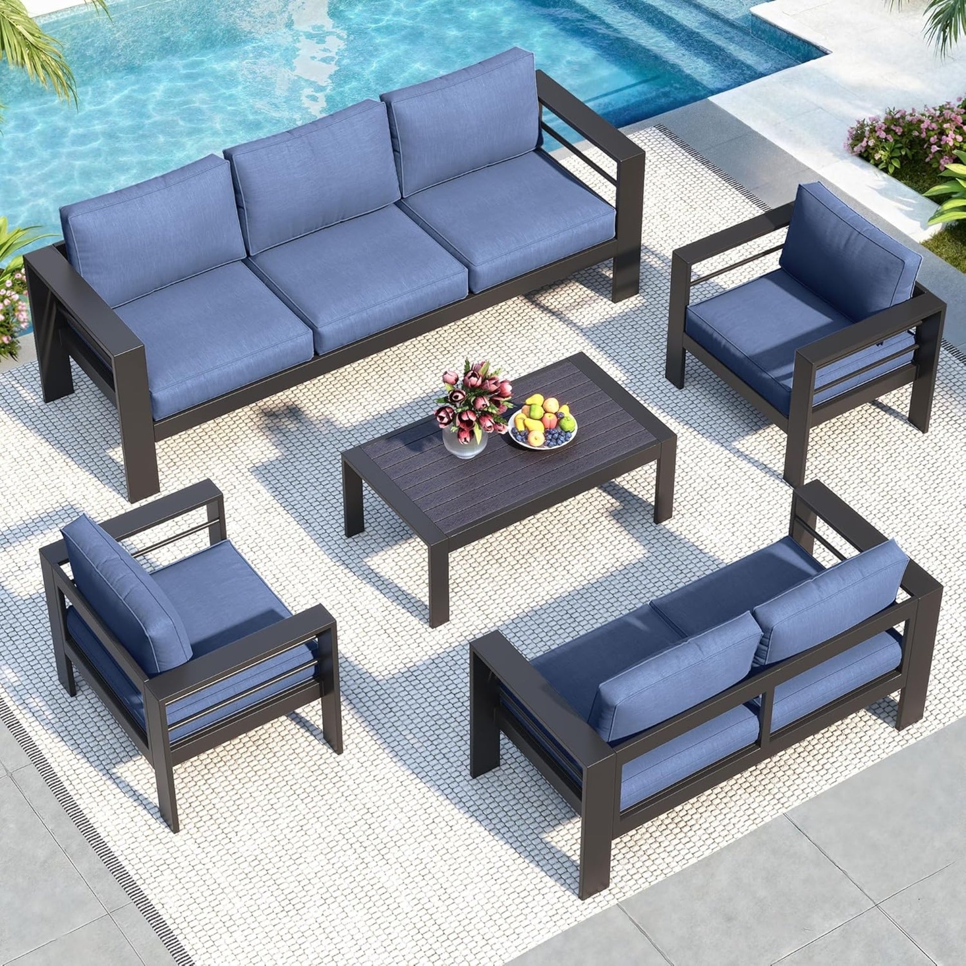 5-Piece Modern Aluminum Patio Conversation Set,  7-Seat Outdoor Sofa with  Thick Blue Cushions & Black Frame and Coffee Table
