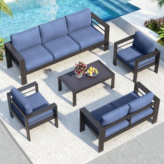 5-Piece Modern Aluminum Patio Conversation Set,  7-Seat Outdoor Sofa with  Thick Blue Cushions & Black Frame and Coffee Table