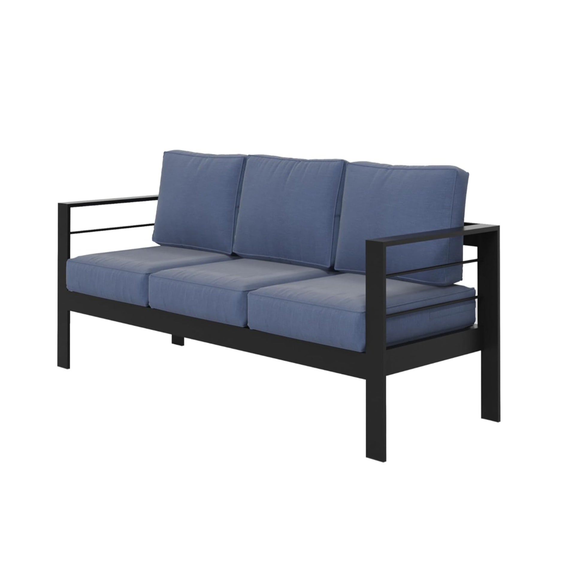 4-Piece Modern Aluminum Patio Conversation Set,  5-Seat Outdoor Sofa with  Thick Blue Cushions & Black Frame and Coffee Table