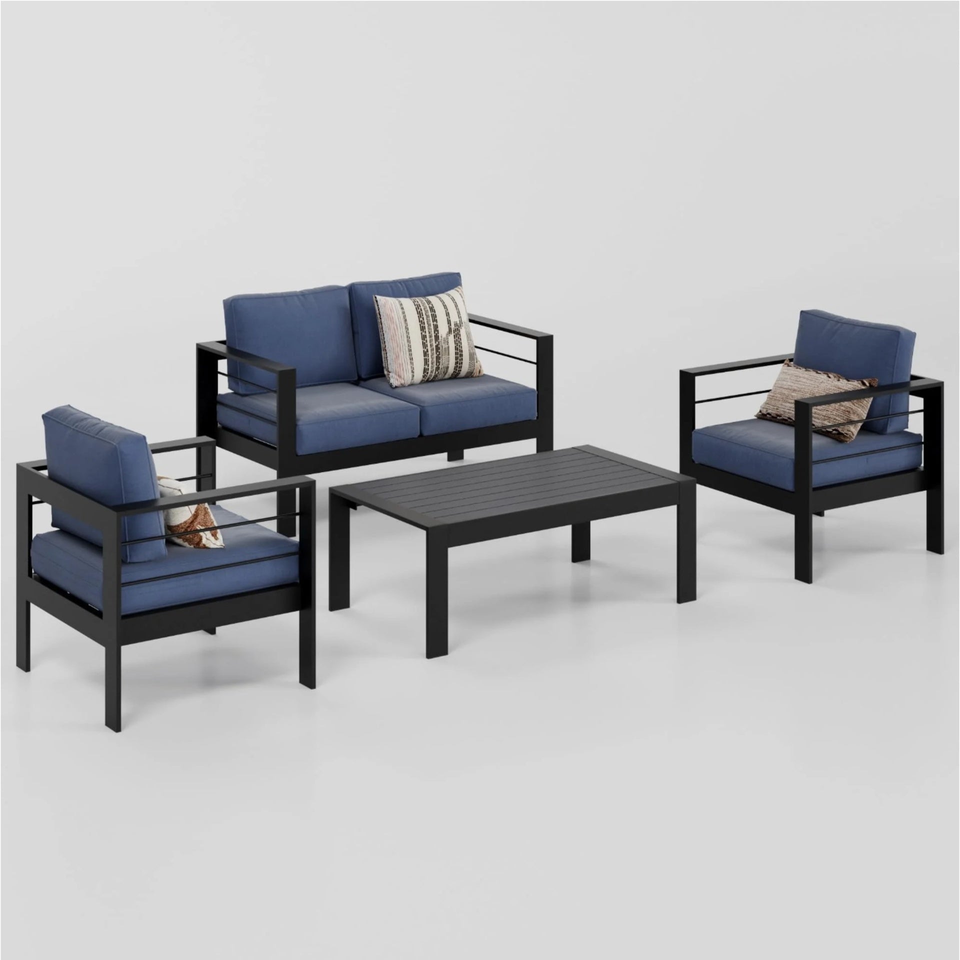 4-Piece Modern Aluminum Patio Conversation Set,  4-Seat Outdoor Sofa with  Thick Blue Cushions & Black Frame and Coffee Table