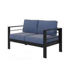 4-Piece Modern Aluminum Patio Conversation Set,  4-Seat Outdoor Sofa with  Thick Blue Cushions & Black Frame and Coffee Table