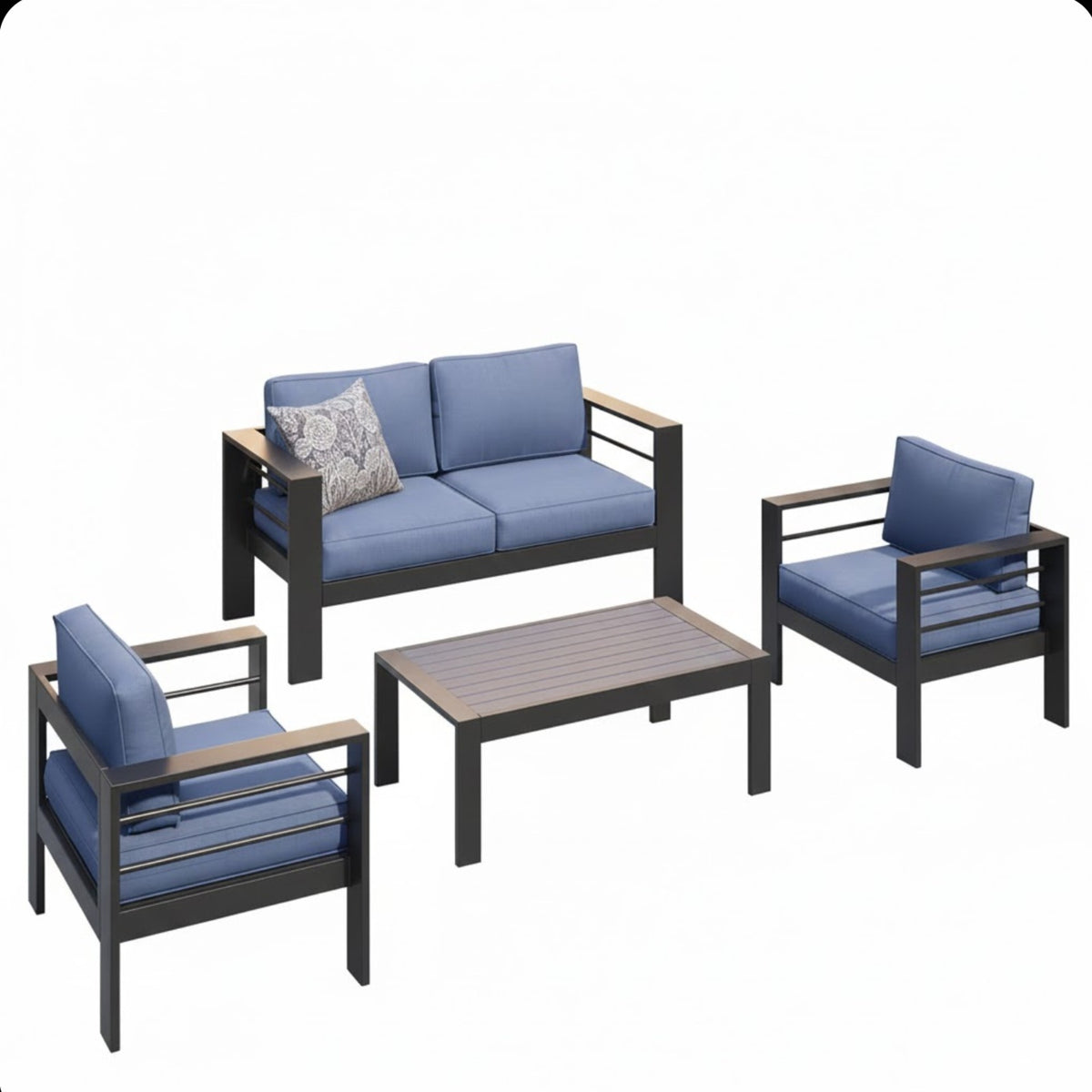 4-Piece Modern Aluminum Patio Conversation Set,  4-Seat Outdoor Sofa with  Thick Blue Cushions & Black Frame and Coffee Table