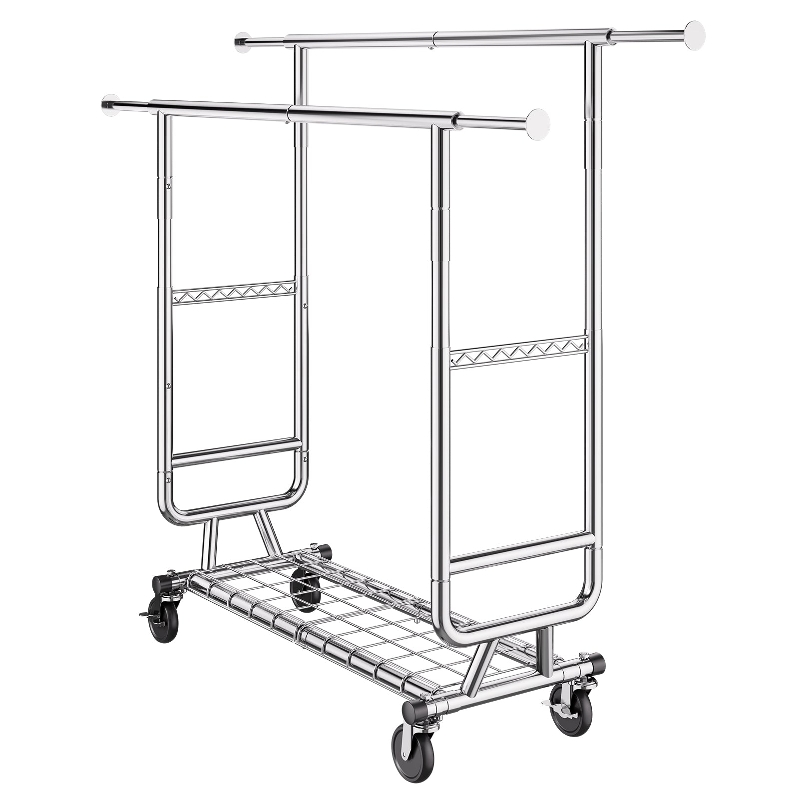 Heavy Duty Clothes Rack, Double Hanging Rod Clothing Garment Rack for Hanging Clothes, Adjustable Height and Extendable Length Clothing Rack with Bottom Storage Area, 600 lbs Load Capacity
