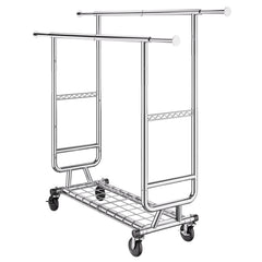 Heavy Duty Clothes Rack, Double Hanging Rod Clothing Garment Rack for Hanging Clothes, Adjustable Height and Extendable Length Clothing Rack with Bottom Storage Area, 600 lbs Load Capacity
