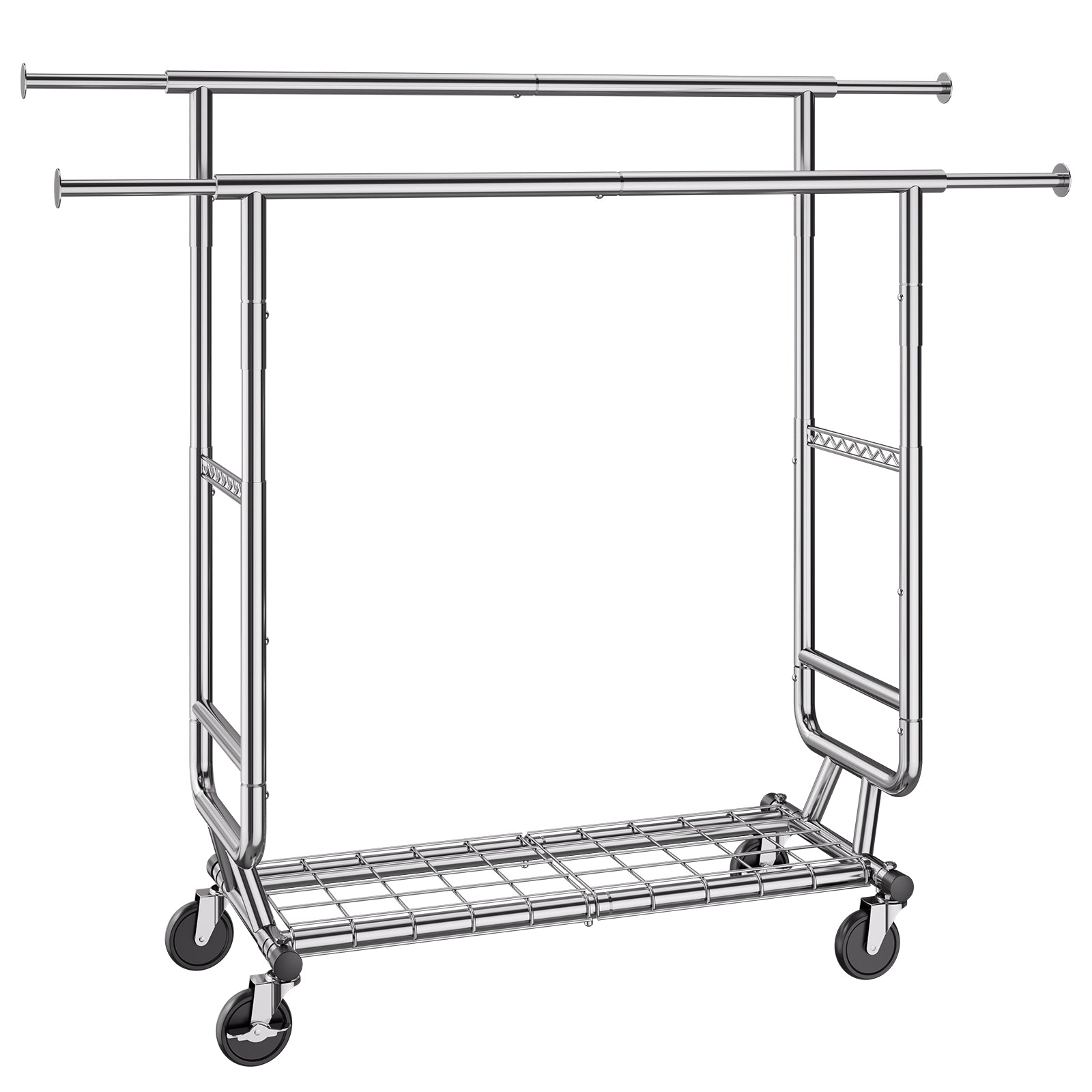 Heavy Duty Clothes Rack, Double Hanging Rod Clothing Garment Rack for Hanging Clothes, Adjustable Height and Extendable Length Clothing Rack with Bottom Storage Area, 600 lbs Load Capacity