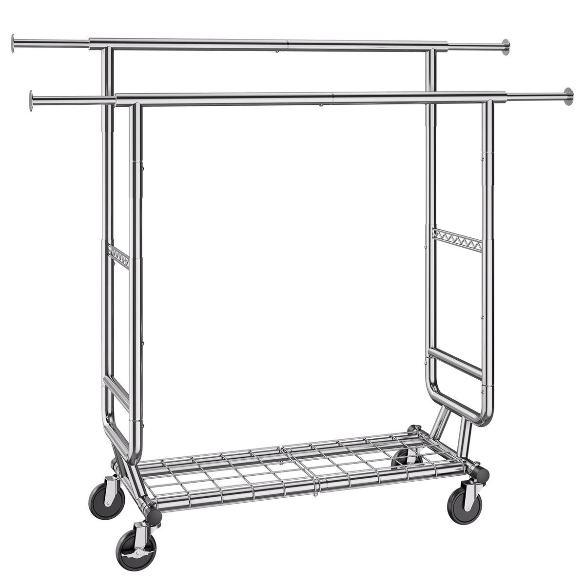 Heavy Duty Clothes Rack, Double Hanging Rod Clothing Garment Rack for Hanging Clothes, Adjustable Height and Extendable Length Clothing Rack with Bottom Storage Area, 600 lbs Load Capacity