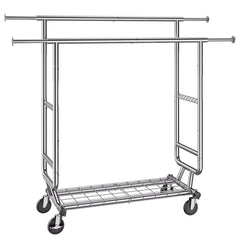 Heavy Duty Clothes Rack, Double Hanging Rod Clothing Garment Rack for Hanging Clothes, Adjustable Height and Extendable Length Clothing Rack with Bottom Storage Area, 600 lbs Load Capacity