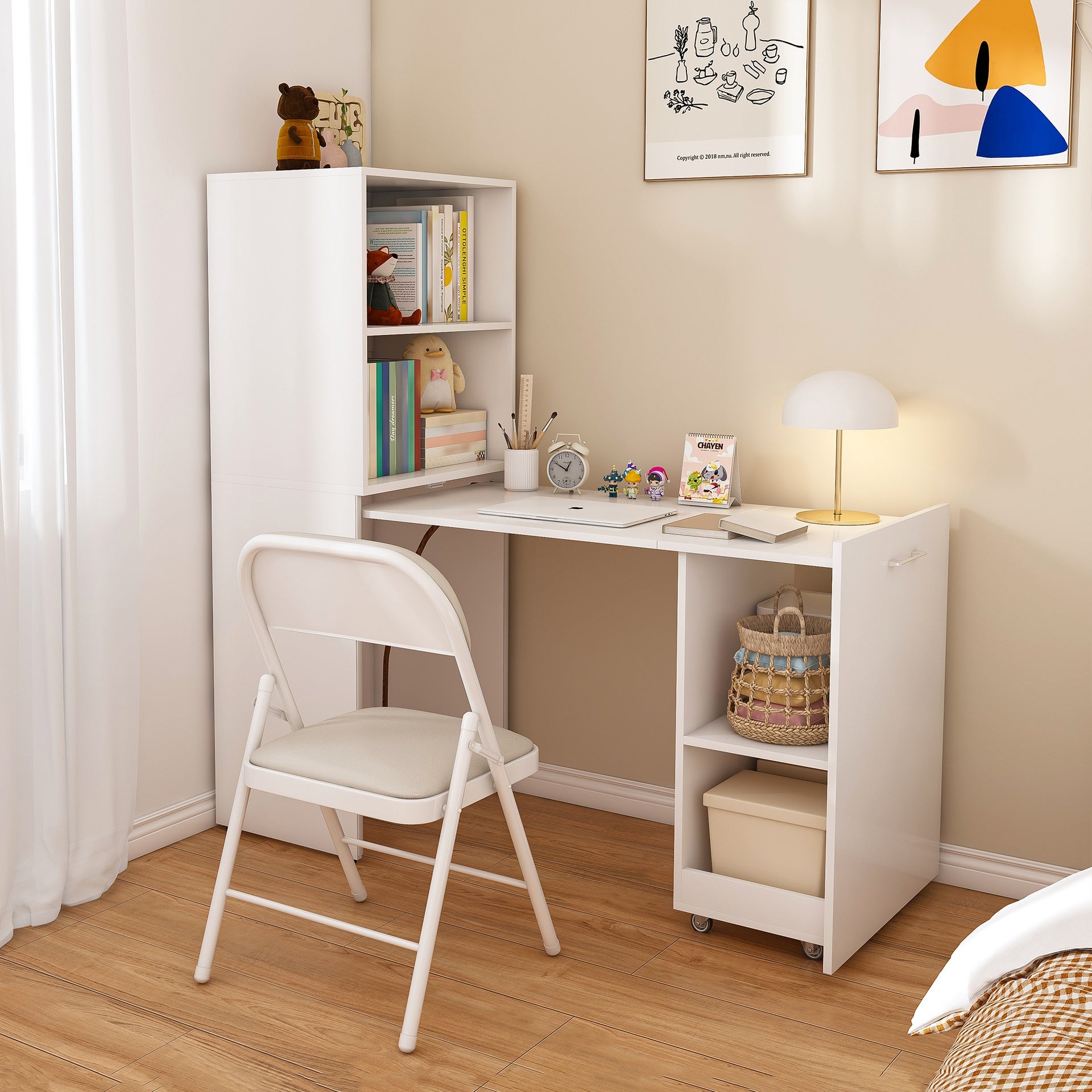 Stretchable desk, office desk with storage shelves and mobile wheels, foldable desk suitable for small apartments and offices, white