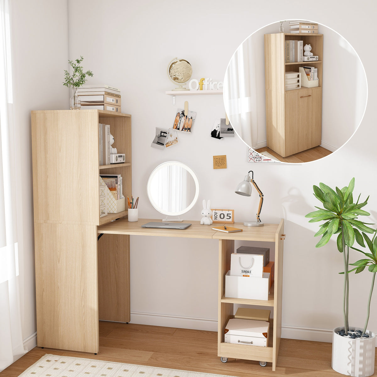 Stretchable desk, office desk with storage shelves and mobile wheels, foldable desk suitable for small apartments and offices,burlywood