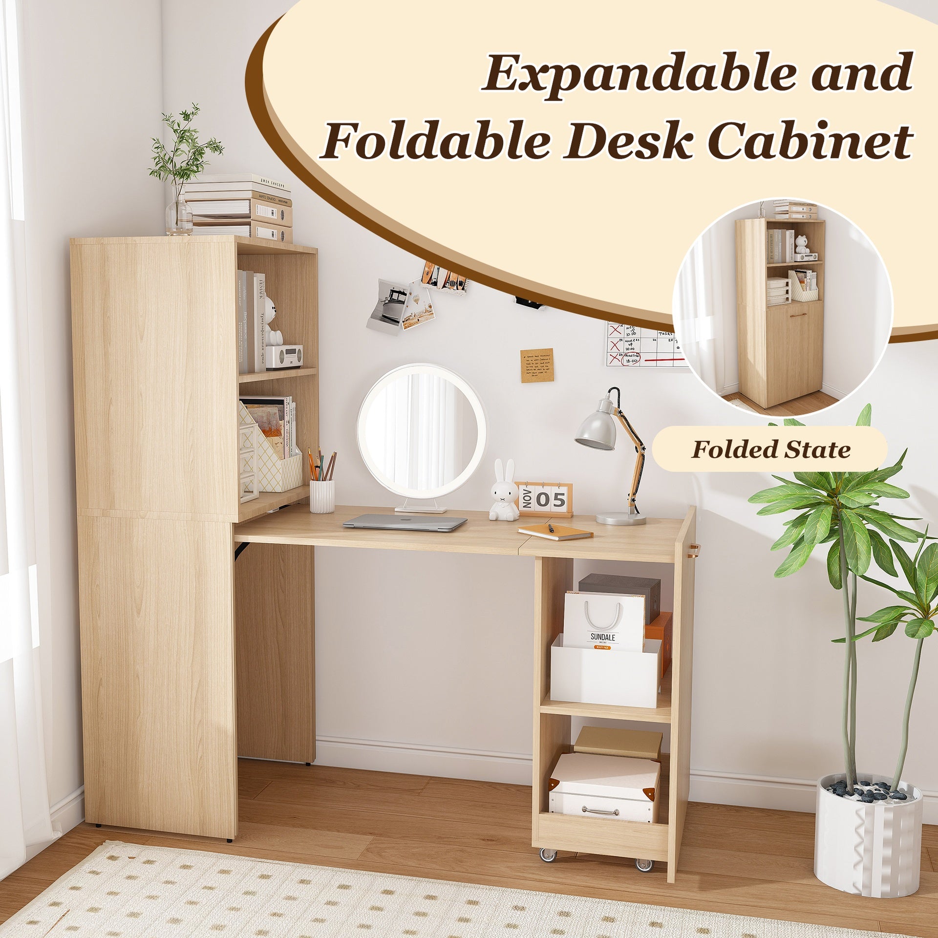 Stretchable desk, office desk with storage shelves and mobile wheels, foldable desk suitable for small apartments and offices,burlywood