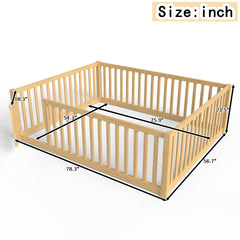 Full Size Bed Floor Bed with Safety Guardrails and Door for Kids,Natural