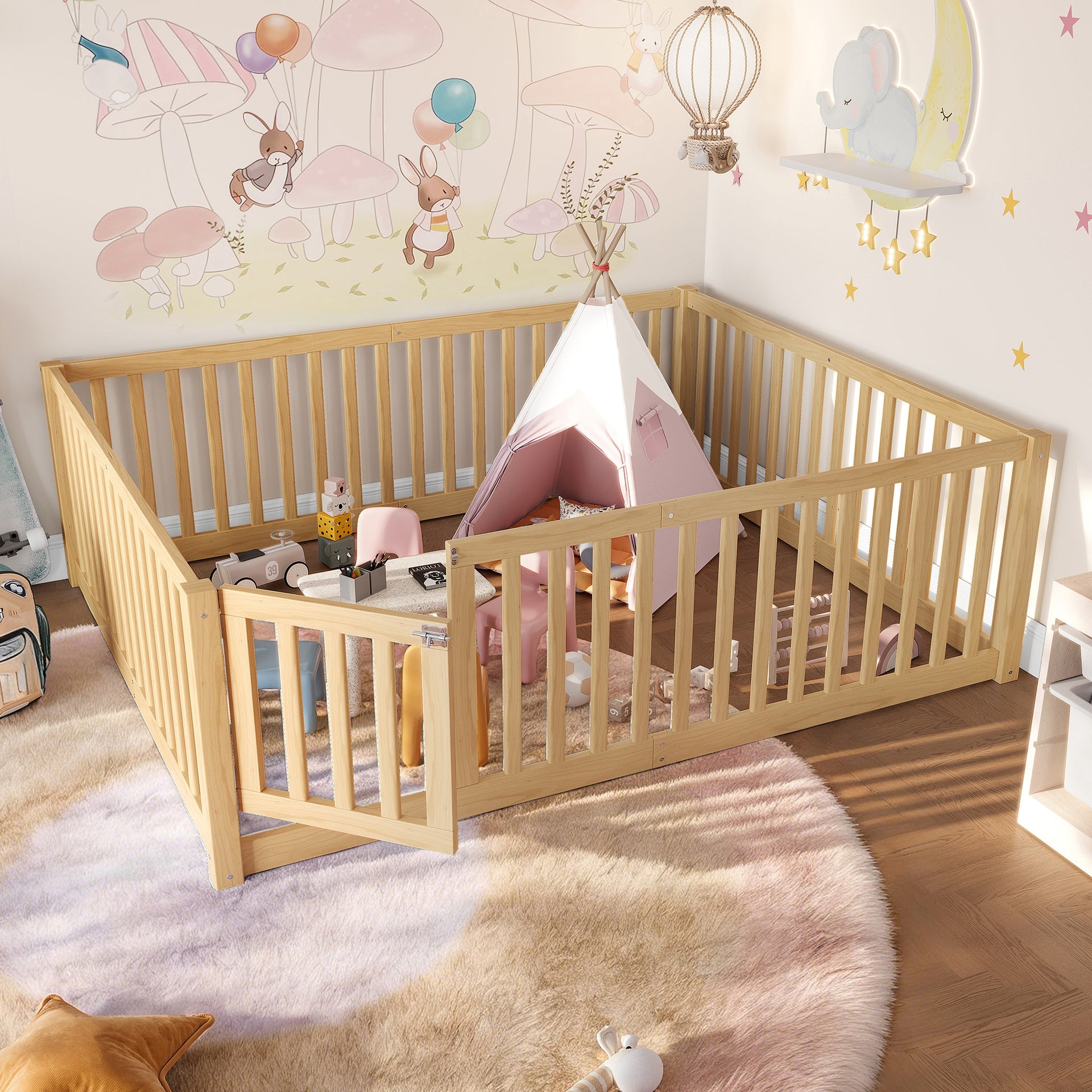 Full Size Bed Floor Bed with Safety Guardrails and Door for Kids,Natural