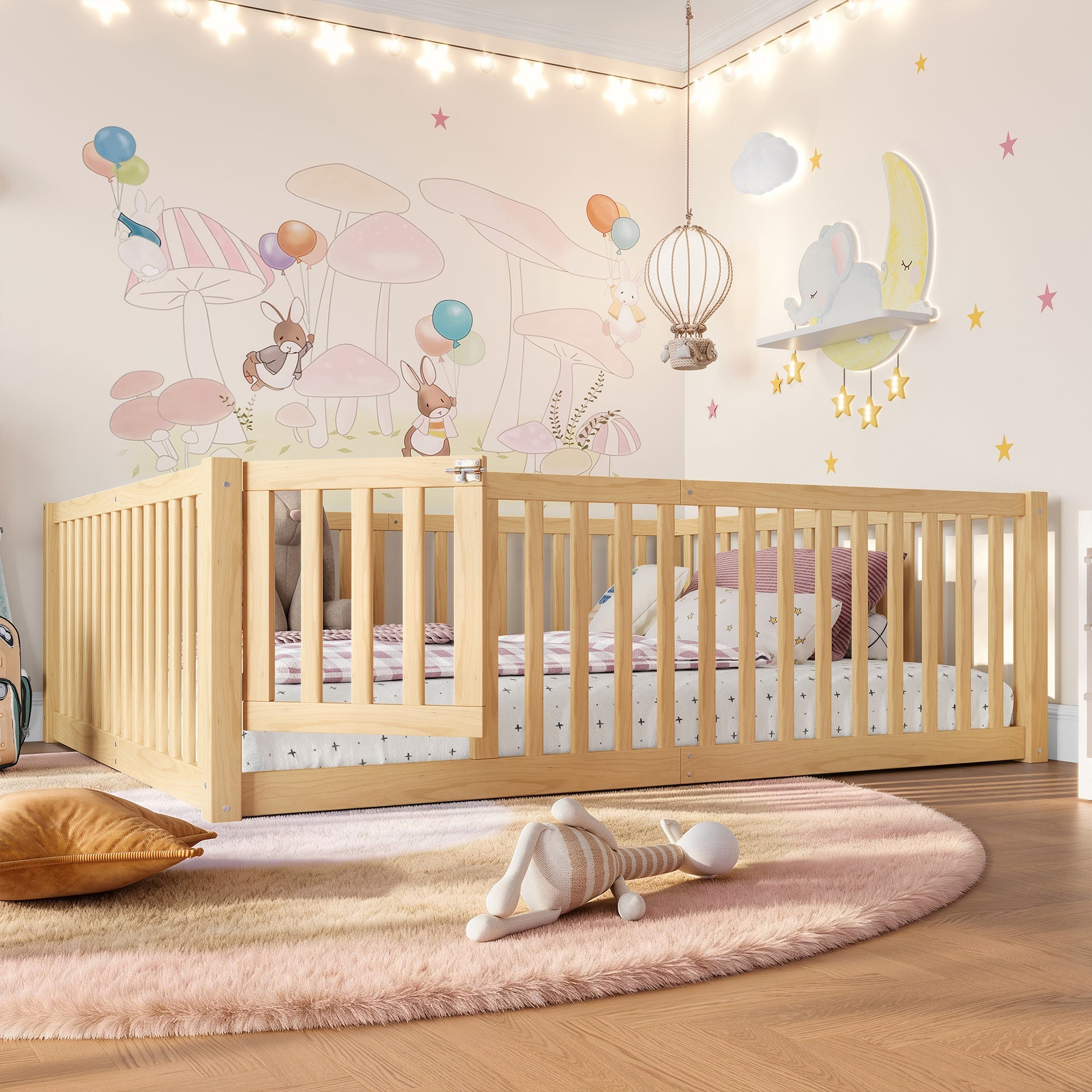 Full Size Bed Floor Bed with Safety Guardrails and Door for Kids,Natural