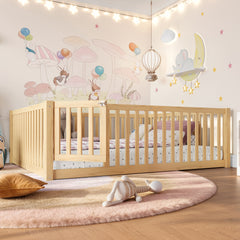 Full Size Bed Floor Bed with Safety Guardrails and Door for Kids,Natural