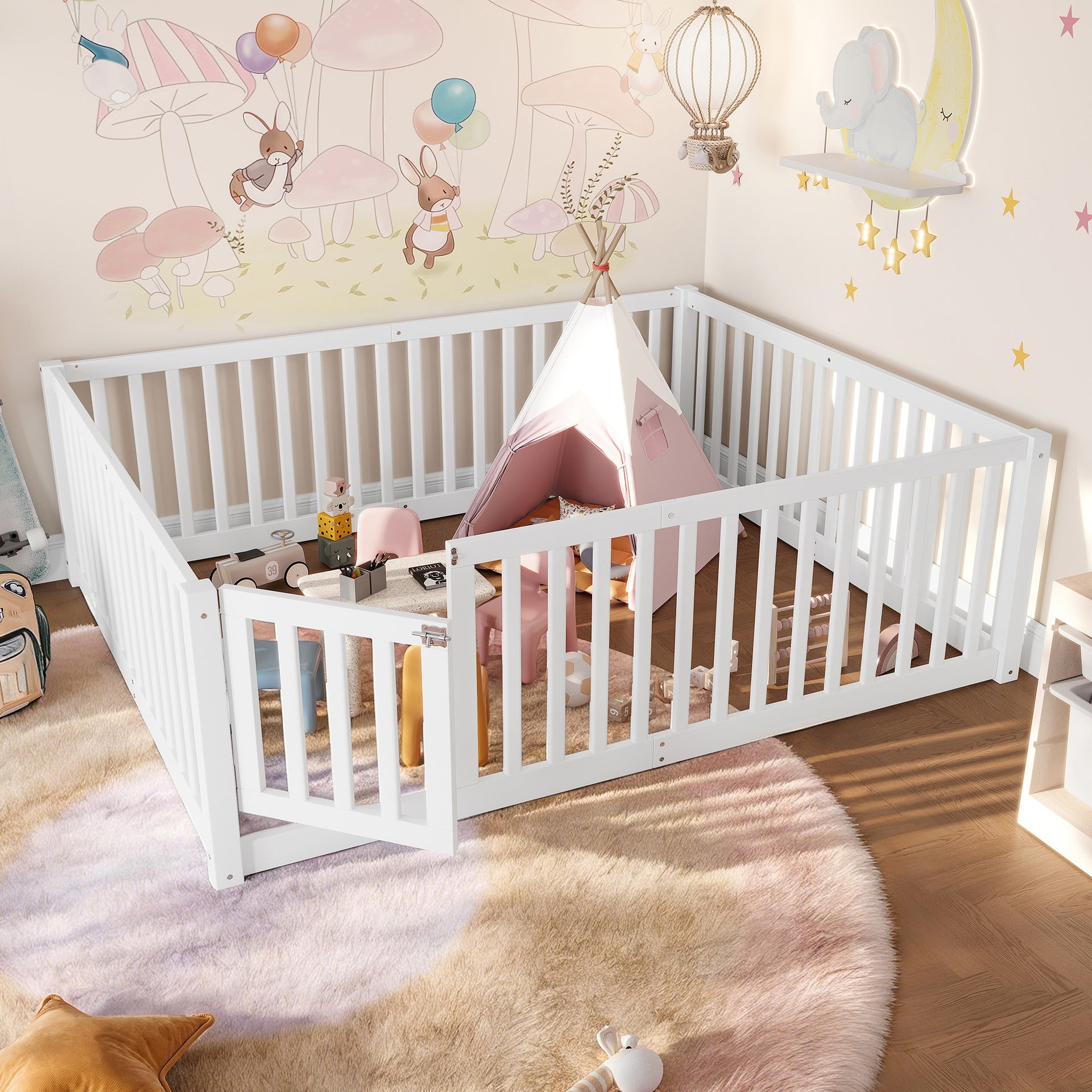 Full Size Bed Floor Bed with Safety Guardrails and Door for Kids,White