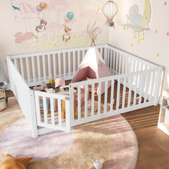 Full Size Bed Floor Bed with Safety Guardrails and Door for Kids,White
