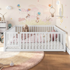 Full Size Bed Floor Bed with Safety Guardrails and Door for Kids,White