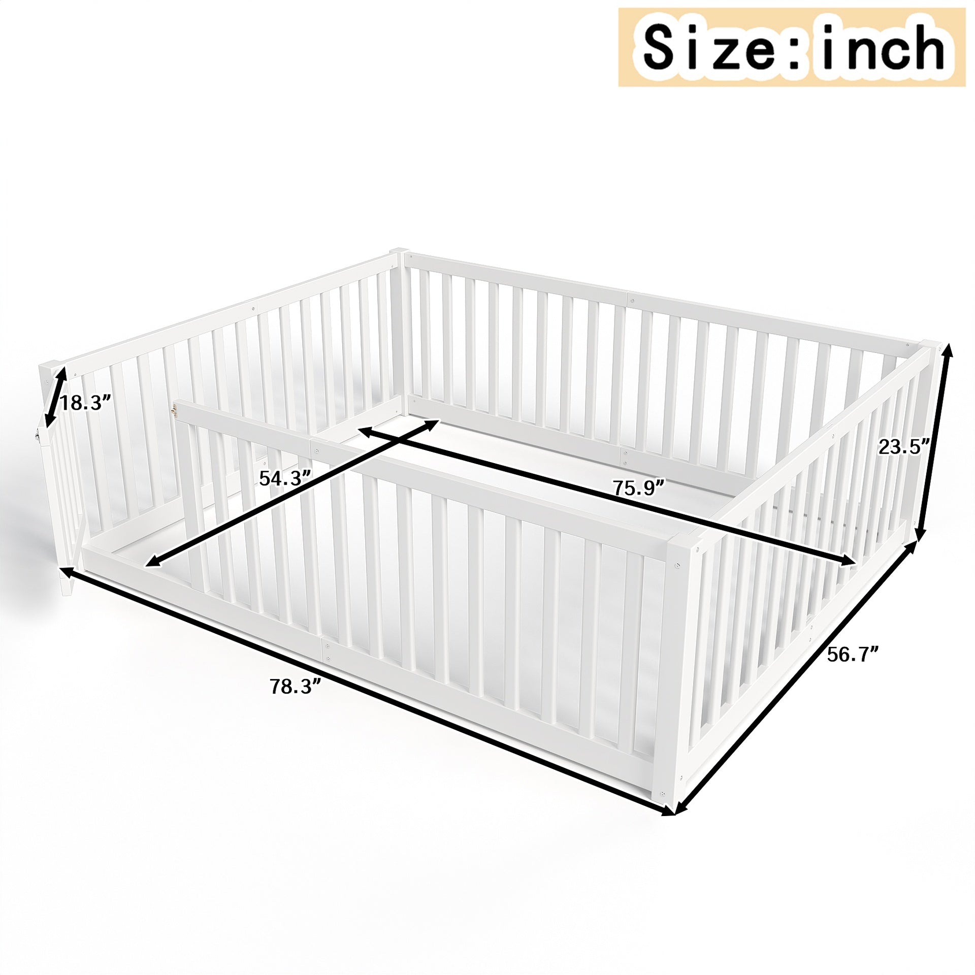 Full Size Bed Floor Bed with Safety Guardrails and Door for Kids,White