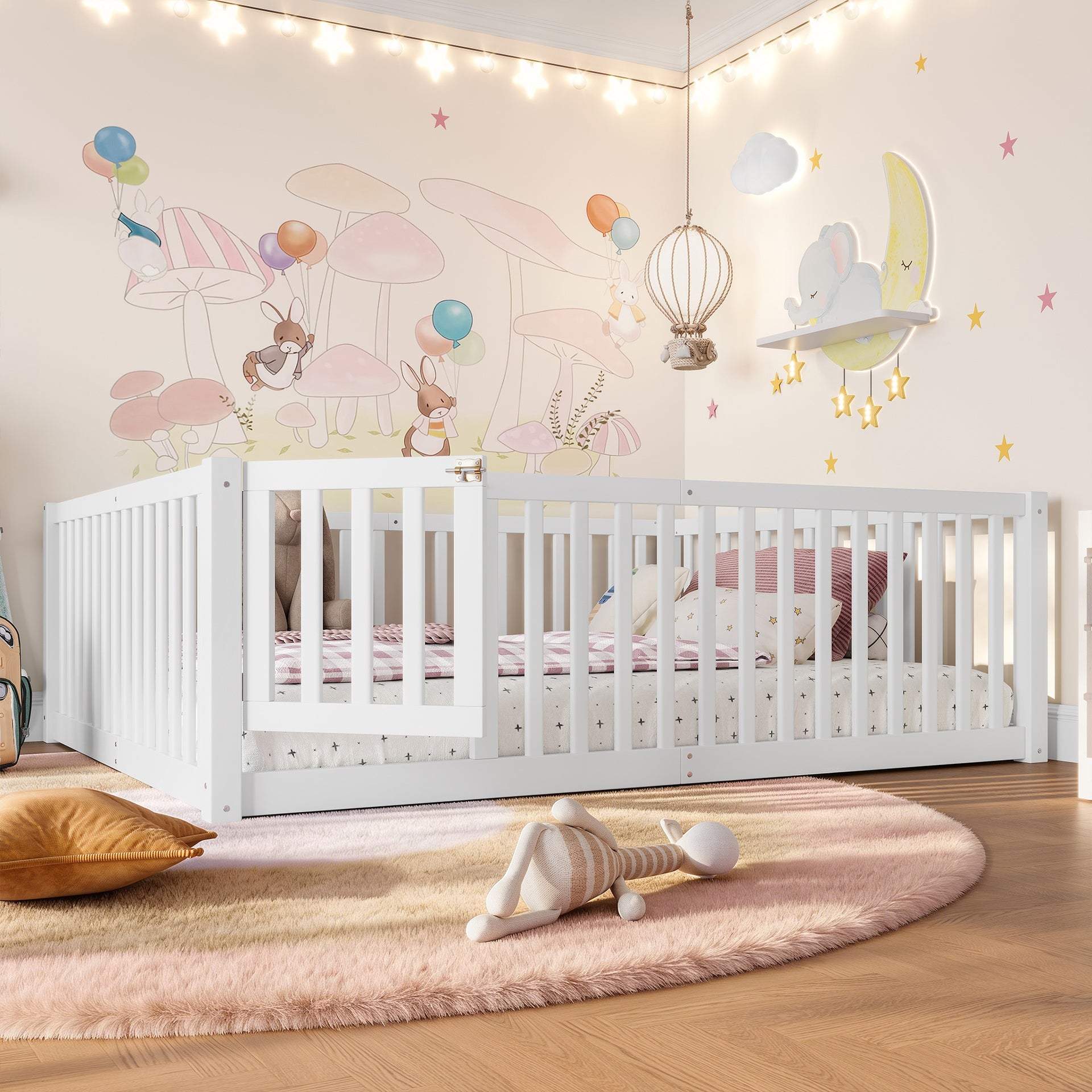 Full Size Bed Floor Bed with Safety Guardrails and Door for Kids,White