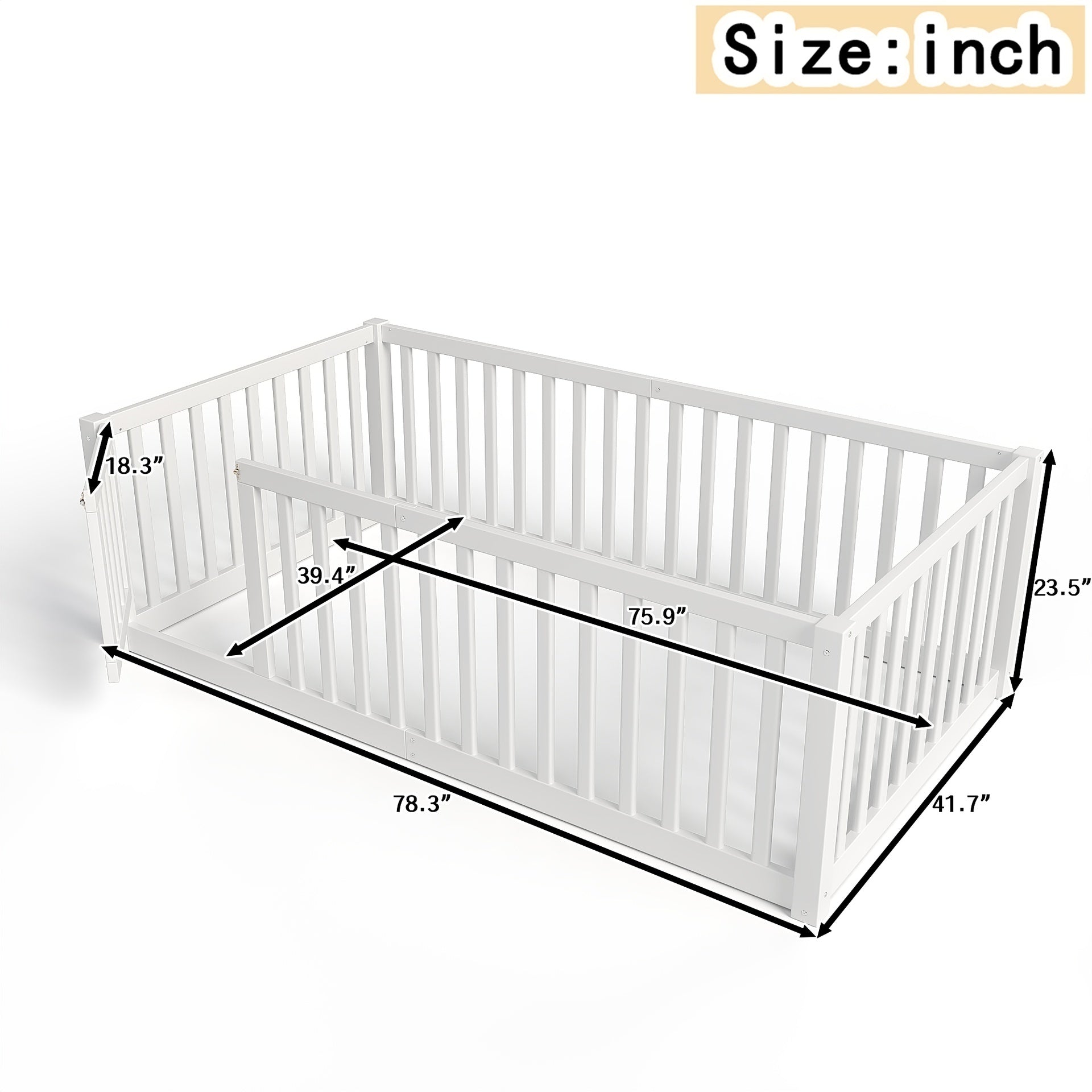 Twin Size Bed Floor Bed with Safety Guardrails and Door for Kids, White