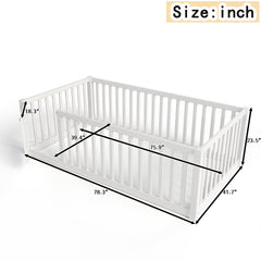 Twin Size Bed Floor Bed with Safety Guardrails and Door for Kids, White