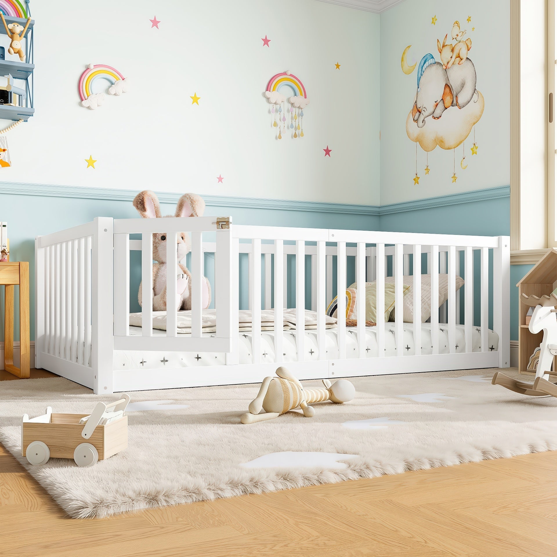 Twin Size Bed Floor Bed with Safety Guardrails and Door for Kids, White