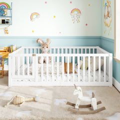 Twin Size Bed Floor Bed with Safety Guardrails and Door for Kids, White