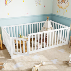 Twin Size Bed Floor Bed with Safety Guardrails and Door for Kids, White