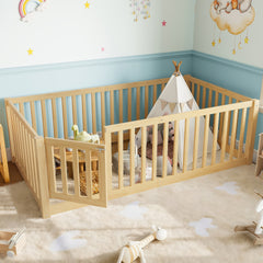 Twin Size Bed Floor Bed with Safety Guardrails and Door for Kids, Natural