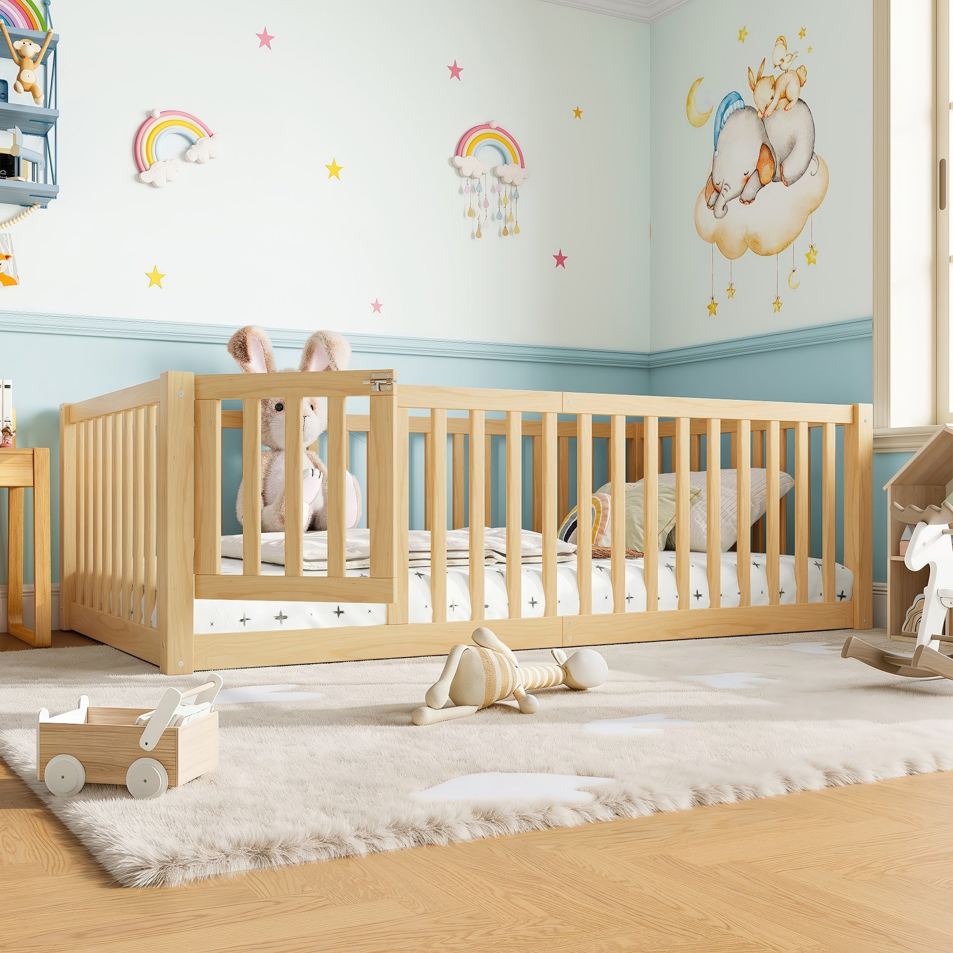 Twin Size Bed Floor Bed with Safety Guardrails and Door for Kids, Natural